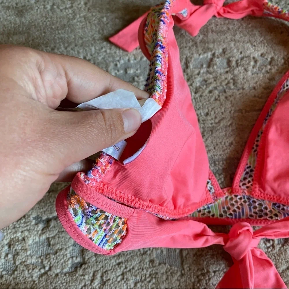 Becca Courtney Reveal Crochet Matching Bikini Set Top and Bottoms Pink: Large